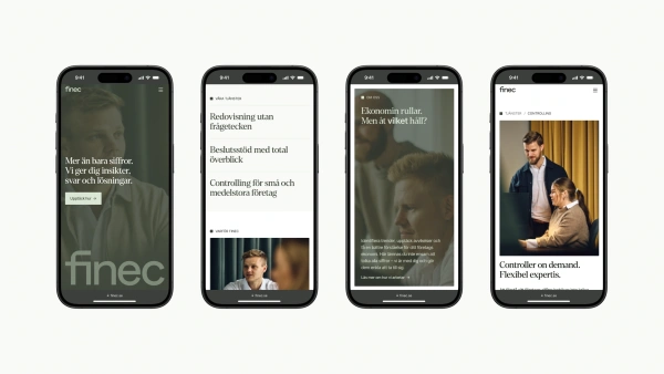 Urval av mobilvyer på Finecs webb