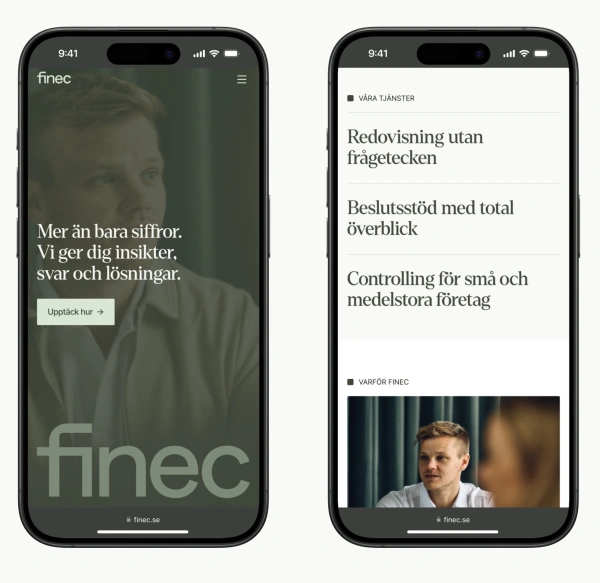 Utvalda mobildvyer av Finecs webb